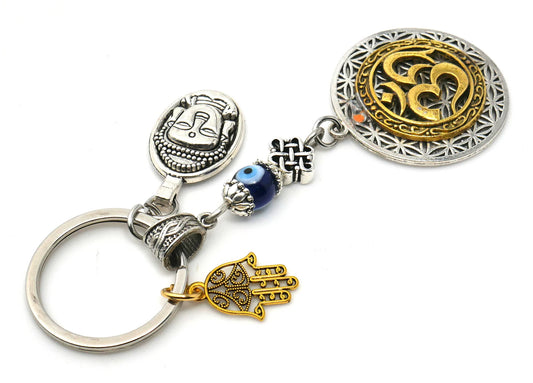 OM Flower of Life Buddha & Hamsa Charm Evil Eye Protection Blue Glass Bead Key Ring for Good Vibes, Good Fortune and Good Luck