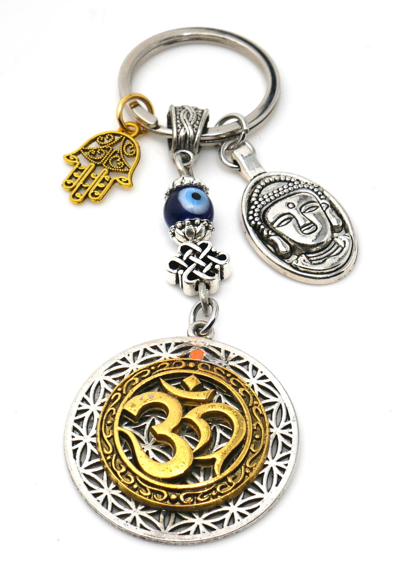 OM Flower of Life Buddha & Hamsa Charm Evil Eye Protection Blue Glass Bead Key Ring for Good Vibes, Good Fortune and Good Luck