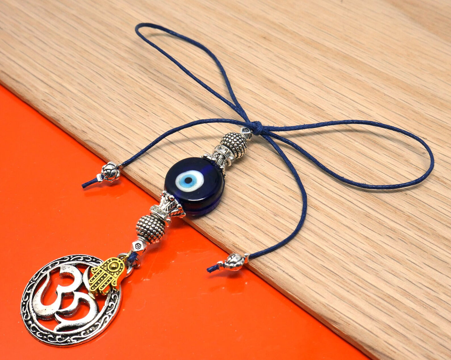 Evil Eye Protection OM Hamsa Hand Car Mirror Hanging | Spiritual Car Ornaments | Handbag Hanging for Good Luck & Good Fortune | Namaste Gift