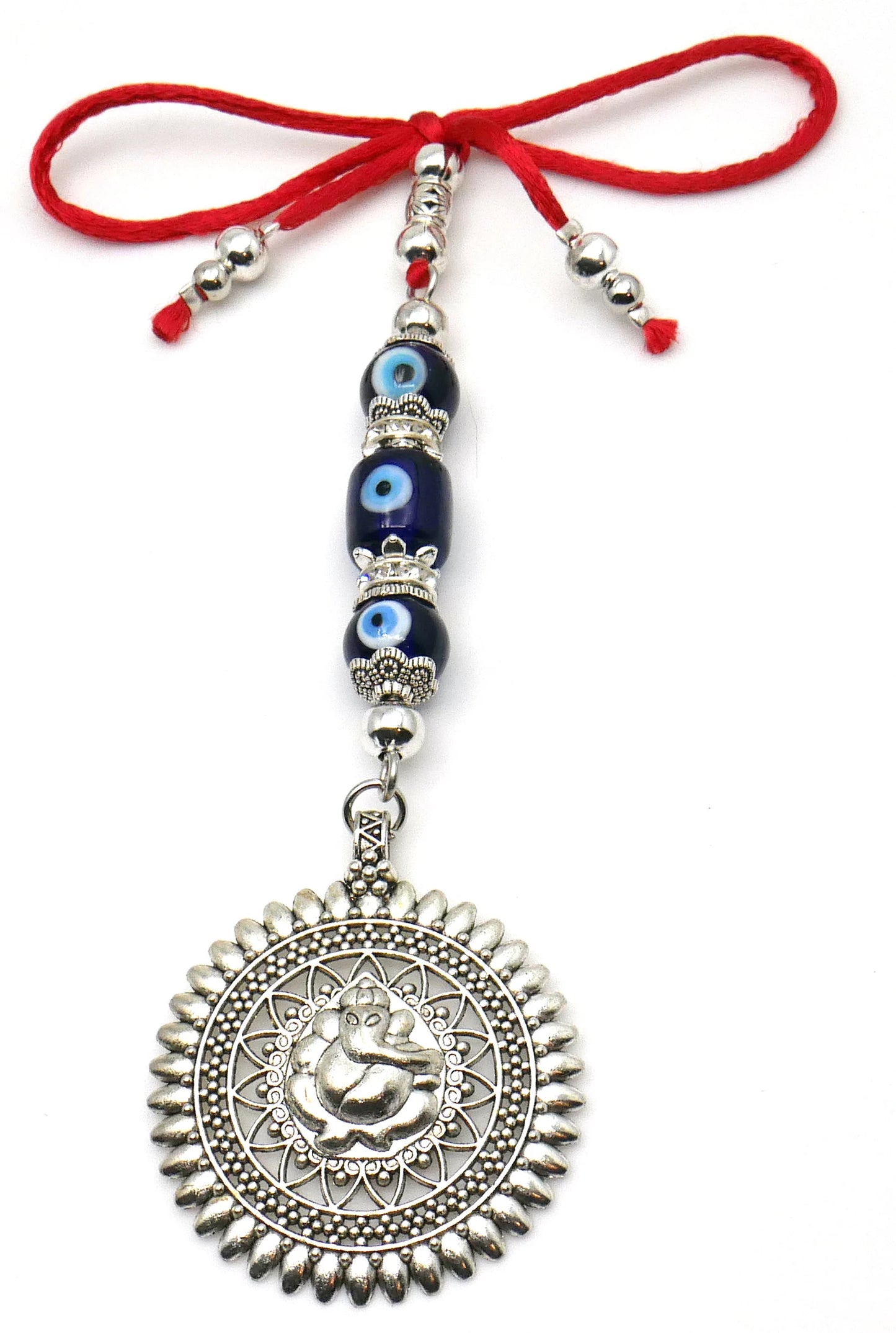 Ganesha | Evil Eye Protection | 3 Evil Eye Beads Car Rearview Mirror Ornament | Good Luck | Happiness | Good Fortune | Success | Prosperity