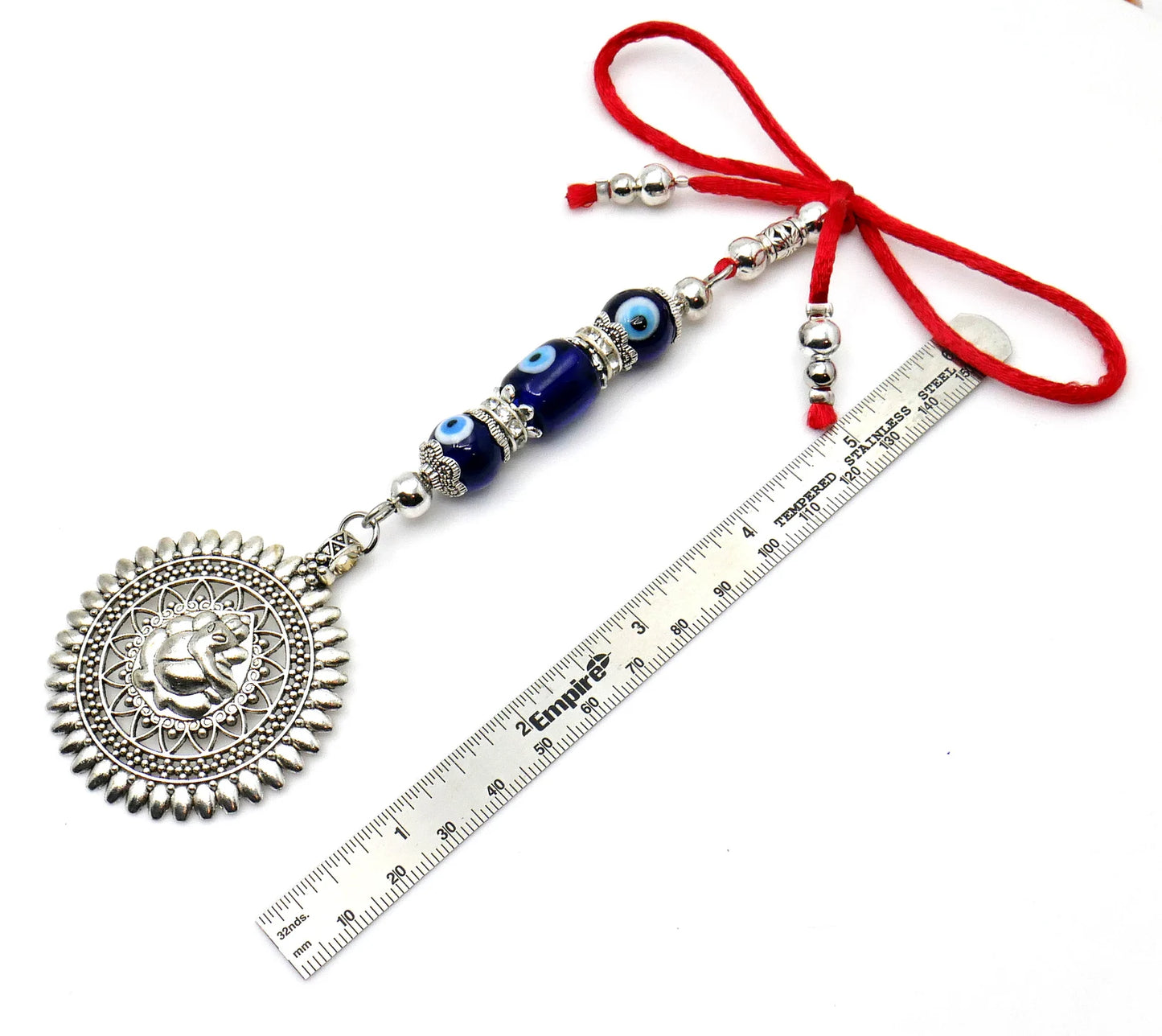 Ganesha | Evil Eye Protection | 3 Evil Eye Beads Car Rearview Mirror Ornament | Good Luck | Happiness | Good Fortune | Success | Prosperity