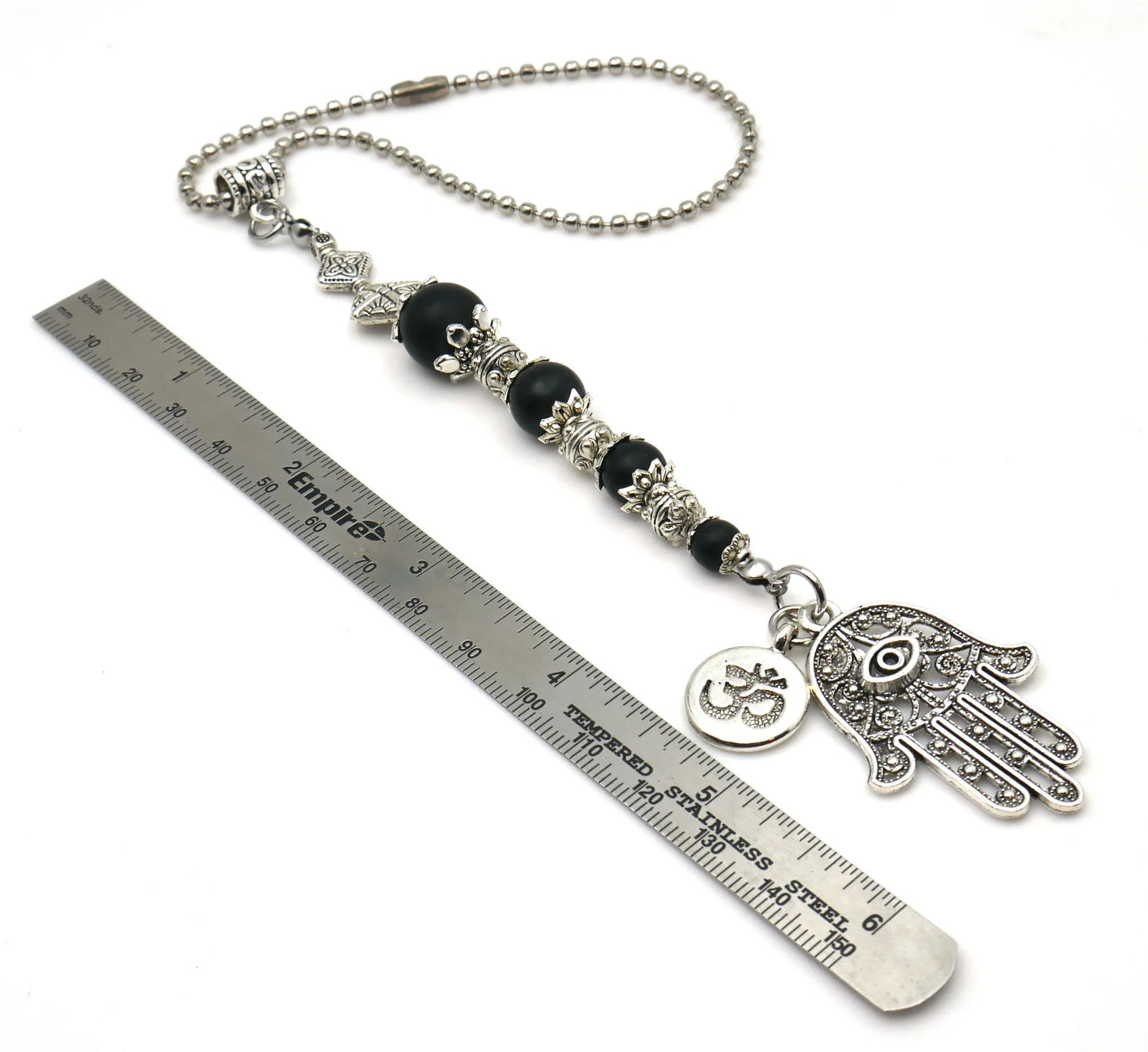 Evil Eye Protection | Hamsa Hand Hand of Fatima | OM | 4 Natural Black Nazar Bead | Car Rearview Mirror Ornament | Good Luck & Positive Vibe