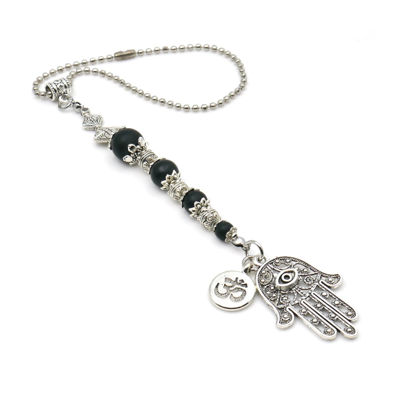 Evil Eye Protection | Hamsa Hand Hand of Fatima | OM | 4 Natural Black Nazar Bead | Car Rearview Mirror Ornament | Good Luck & Positive Vibe