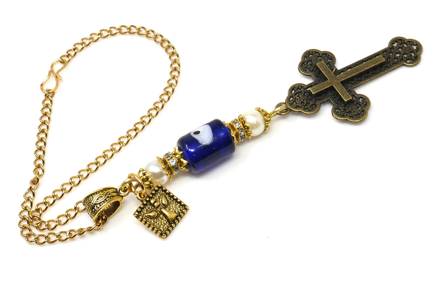 Holy Cross Pendant | Blue Glass Beads | Evil Eye Protection | Antique Gold Plated | Car Rearview Mirror Ornament | Blessings | Faith | Hope