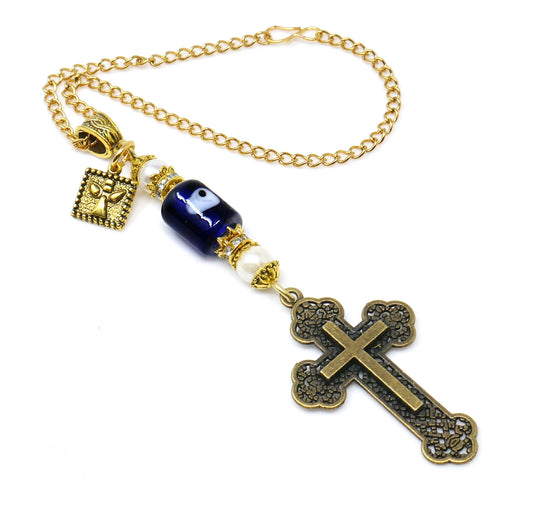 Holy Cross Pendant | Blue Glass Beads | Evil Eye Protection | Antique Gold Plated | Car Rearview Mirror Ornament | Blessings | Faith | Hope