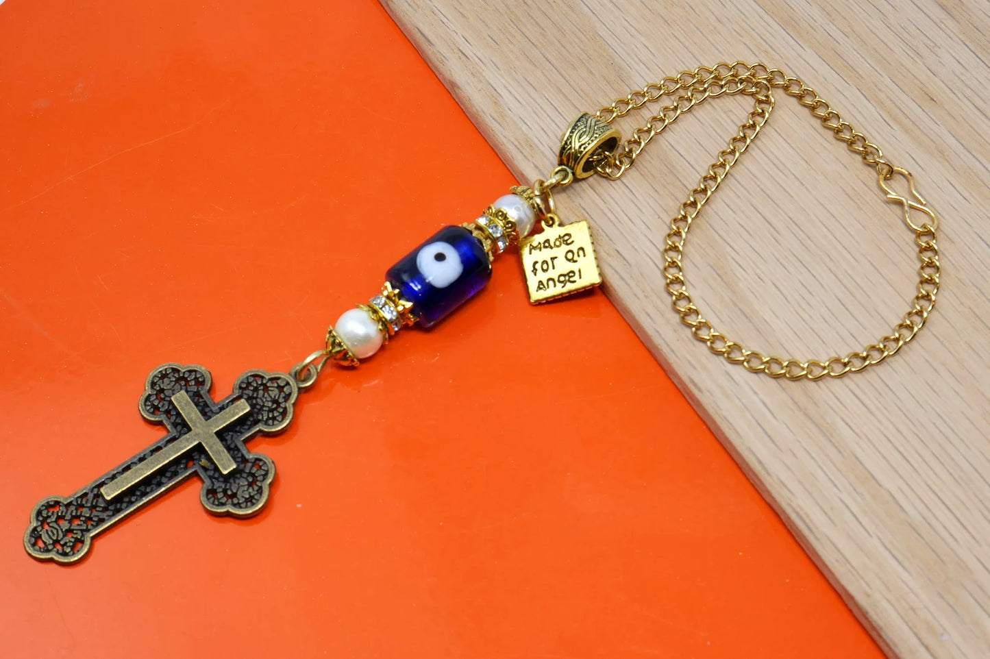 Holy Cross Pendant | Blue Glass Beads | Evil Eye Protection | Antique Gold Plated | Car Rearview Mirror Ornament | Blessings | Faith | Hope