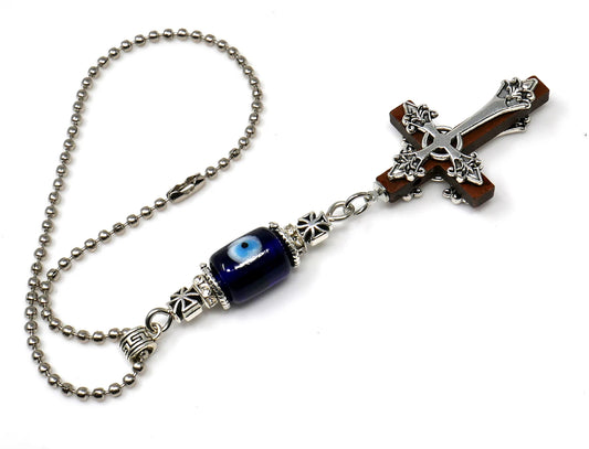 Holy Cross Pendant | Blue Glass Beads | Evil Eye Protection | Car Rearview Mirror Ornament | New Car Gift | New Driver Protection Gift