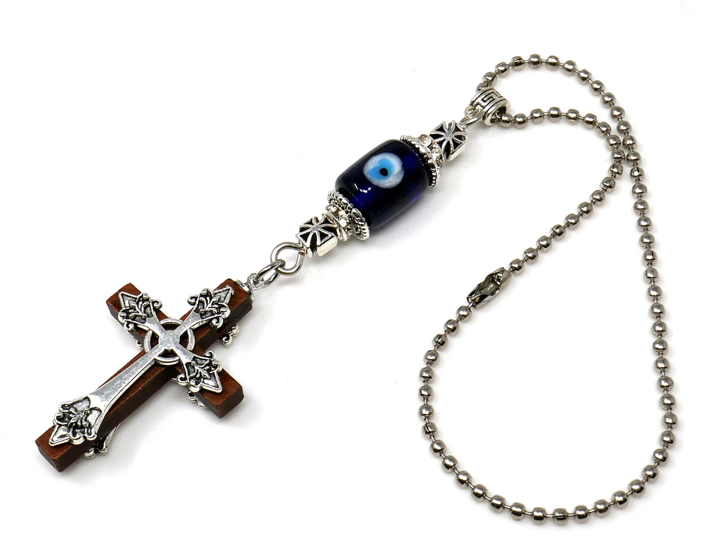 Holy Cross Pendant | Blue Glass Beads | Evil Eye Protection | Car Rearview Mirror Ornament | New Car Gift | New Driver Protection Gift