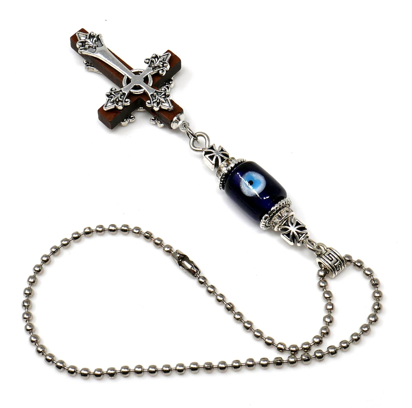 Holy Cross Pendant | Blue Glass Beads | Evil Eye Protection | Car Rearview Mirror Ornament | New Car Gift | New Driver Protection Gift