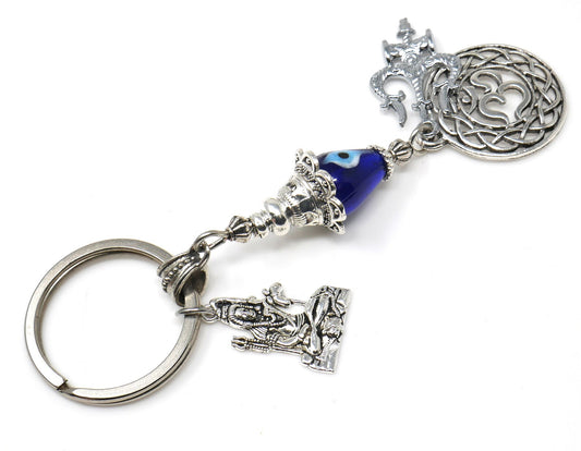 OM & Har Har Mahadev Trishul Charm Evil Eye Protection Key Ring, Shiva Linga Key Ring, Hindu Key Ring, Good Luck Namaste Gift