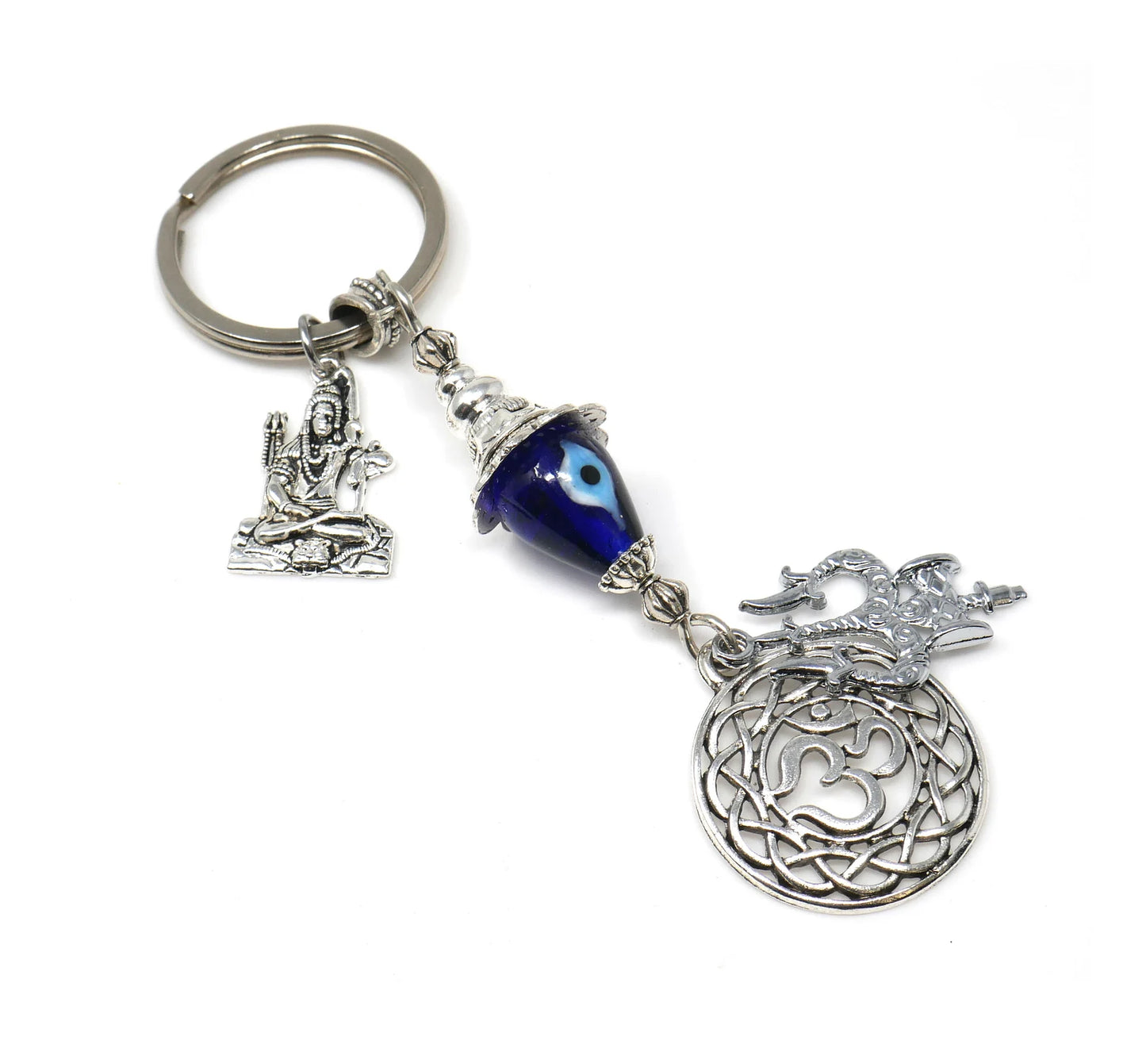 OM & Har Har Mahadev Trishul Charm Evil Eye Protection Key Ring, Shiva Linga Key Ring, Hindu Key Ring, Good Luck Namaste Gift