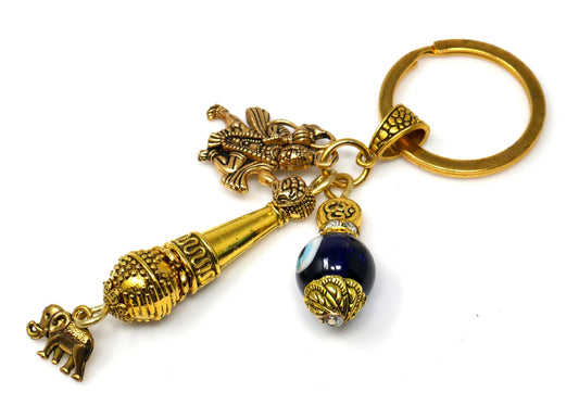 Lord Hanuman ji and Gada Charm & Evil Eye Protection Blue Glass Bead-Rare to Find Combination in Key Ring for Home/Car/Office/Business