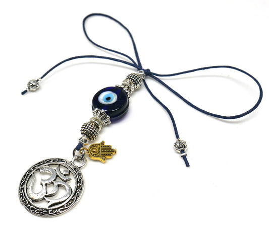 Evil Eye Protection OM Hamsa Hand Car Mirror Hanging | Spiritual Car Ornaments | Handbag Hanging for Good Luck & Good Fortune | Namaste Gift
