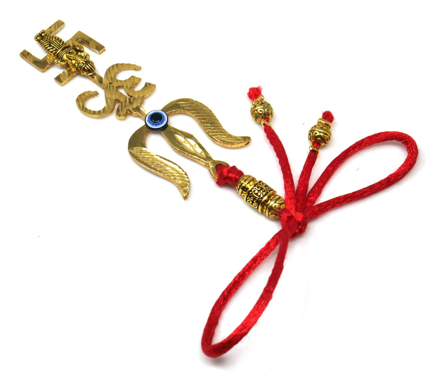 Trishakti Yantra | Trishul | OM | Swastik | Ganesha | Golden | Car Mirror Ornament | Good Luck | Positive Vibrations | Success | Prosperity