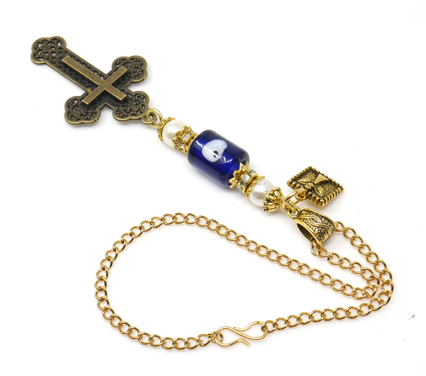 Holy Cross Pendant | Blue Glass Beads | Evil Eye Protection | Antique Gold Plated | Car Rearview Mirror Ornament | Blessings | Faith | Hope