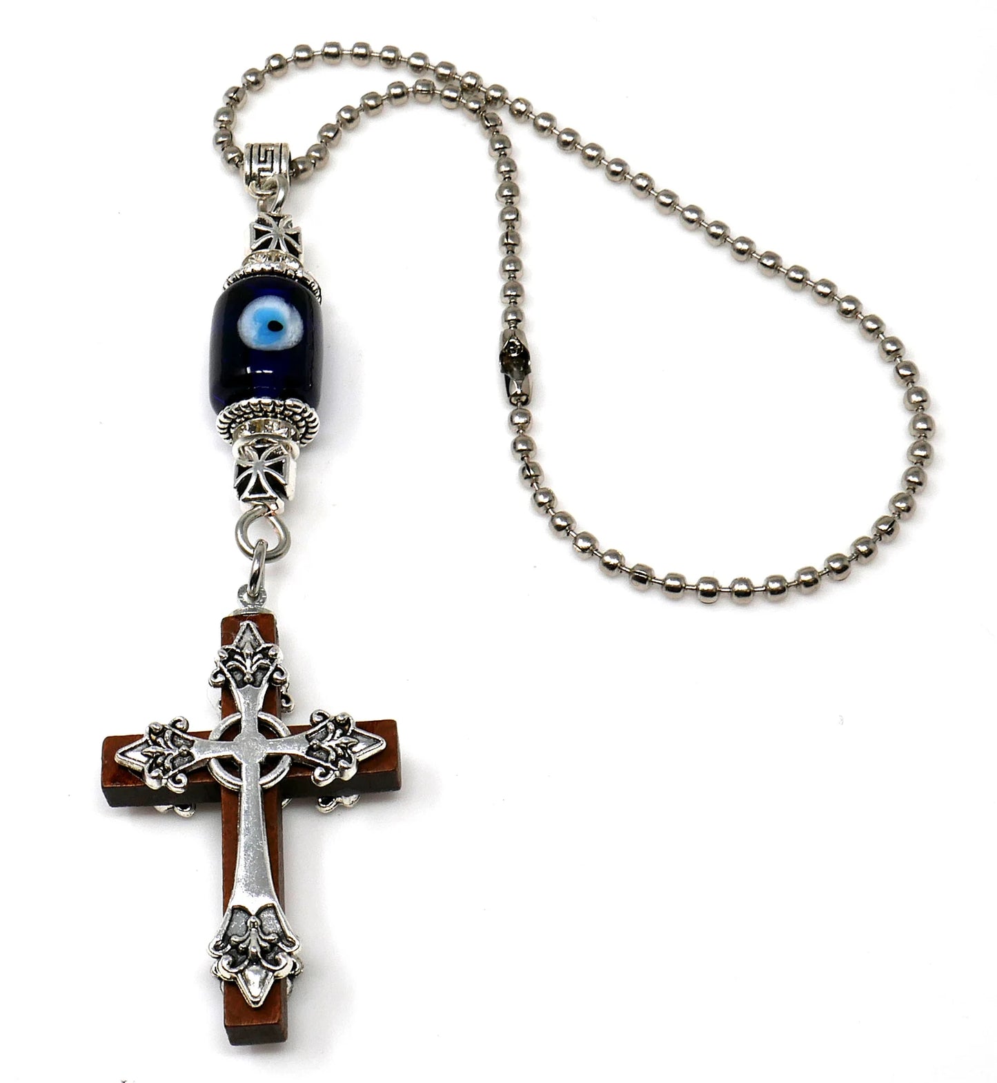 Holy Cross Pendant | Blue Glass Beads | Evil Eye Protection | Car Rearview Mirror Ornament | New Car Gift | New Driver Protection Gift