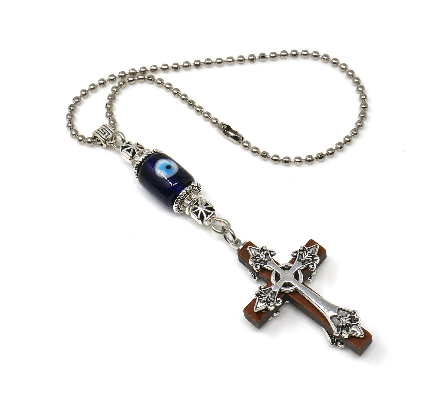 Holy Cross Pendant | Blue Glass Beads | Evil Eye Protection | Car Rearview Mirror Ornament | New Car Gift | New Driver Protection Gift