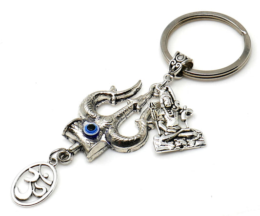 Evil Eye Protection Divine OM & Shiv ji Trishul Pendant Key Ring/ Key Chain for High Positive Vibration, Good Luck and Travel Protection