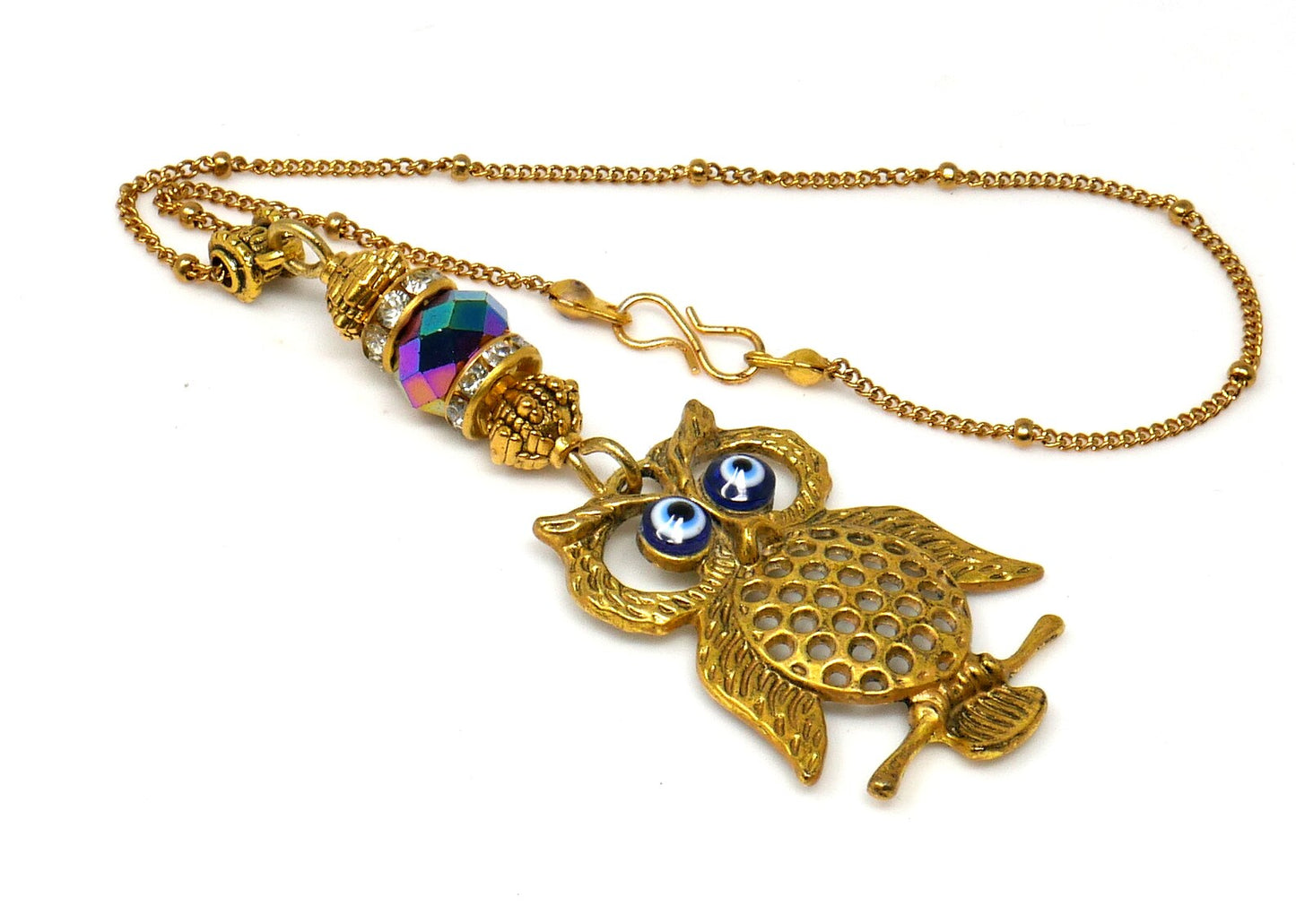Owl | Evil Eye Protection | Antique Gold Plated | Car Rearview Mirror Ornament | Good Luck | Positive Vibes | Intuition Power | Inner Wisdom