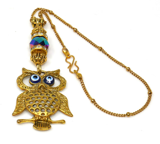 Owl | Evil Eye Protection | Antique Gold Plated | Car Rearview Mirror Ornament | Good Luck | Positive Vibes | Intuition Power | Inner Wisdom