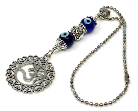 OM | Evil Eye Protection | Antique Silver Plated | Car Rearview Mirror Ornament | Good Luck | Positive Vibes | Positive Vibrations