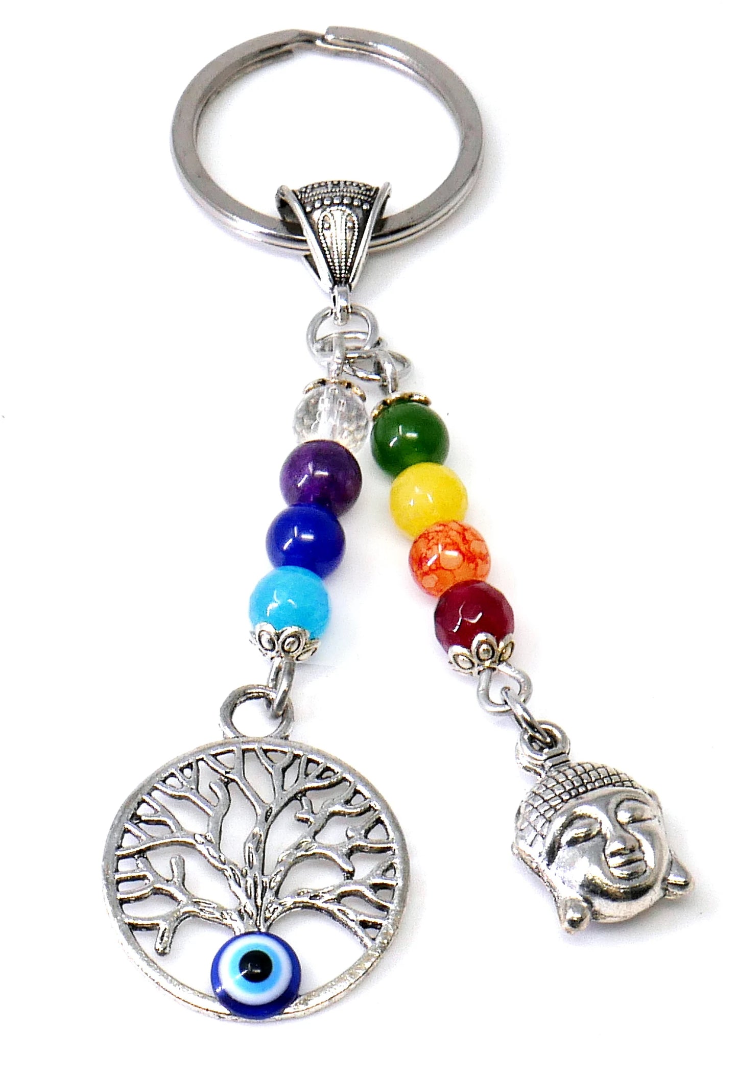 Seven Chakra, Evil Eye protection Buddha & Tree of Life Key Chain/Key Ring ,7 Chakra Healing Energy Key Ring,First Car Gift, Yoga Lover Gift