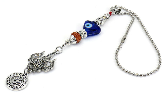 Lord Shiva Trishul Damroo & Rudraksha Evil Eye Hanging-Lord Shiva Trishul-Mahadev Trishul Pendant-Fabulous Antique Silver Hanging