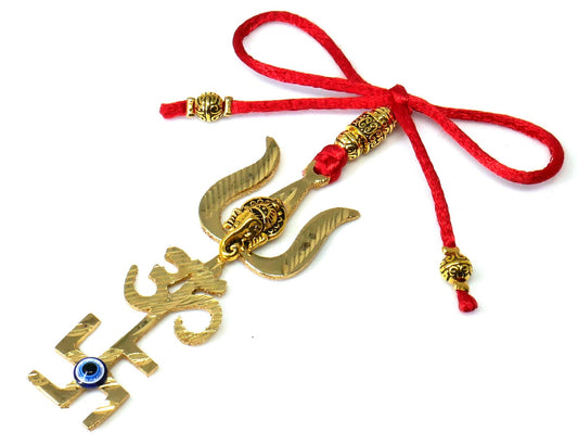 Trishakti Yantra | Trishul | OM | Swastik | Ganesha | Golden | Car Mirror Ornament | Good Luck | Positive Vibrations | Success | Prosperity