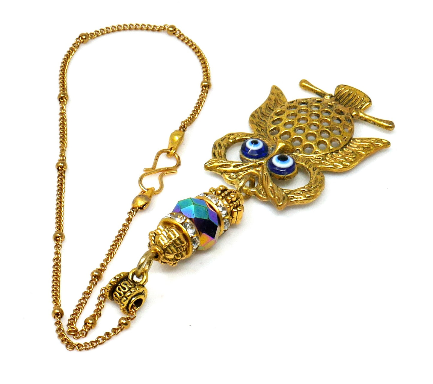 Owl | Evil Eye Protection | Antique Gold Plated | Car Rearview Mirror Ornament | Good Luck | Positive Vibes | Intuition Power | Inner Wisdom
