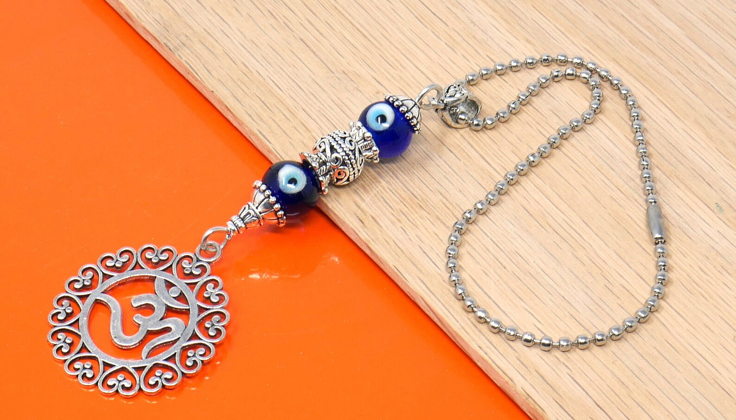OM | Evil Eye Protection | Antique Silver Plated | Car Rearview Mirror Ornament | Good Luck | Positive Vibes | Positive Vibrations