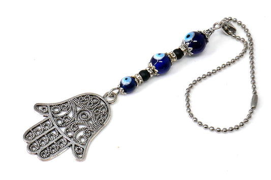Evil Eye Protection 3 Blue Beads Hamsa Hand | Antique Silver Plated | Car Rearview Mirror Ornament |Good Luck |Numerology |Positive Vibes