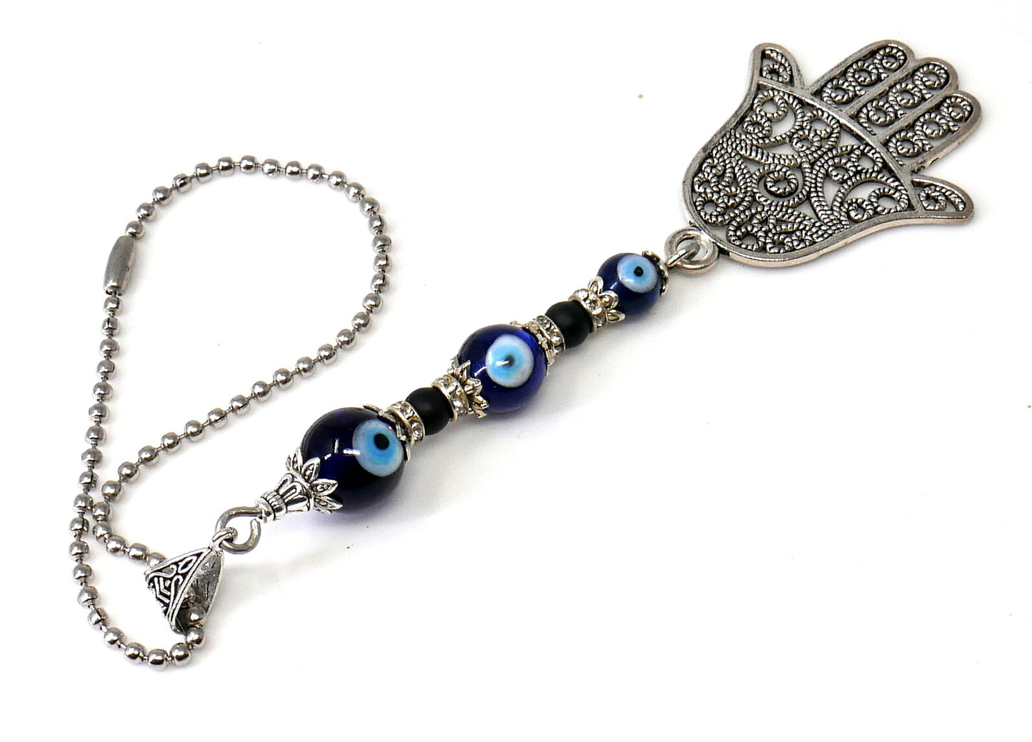 Evil Eye Protection 3 Blue Beads Hamsa Hand | Antique Silver Plated | Car Rearview Mirror Ornament |Good Luck |Numerology |Positive Vibes