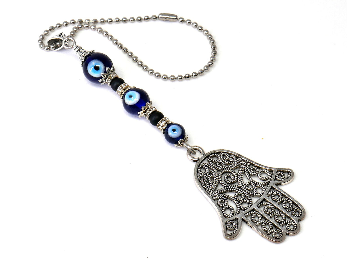Evil Eye Protection 3 Blue Beads Hamsa Hand | Antique Silver Plated | Car Rearview Mirror Ornament |Good Luck |Numerology |Positive Vibes