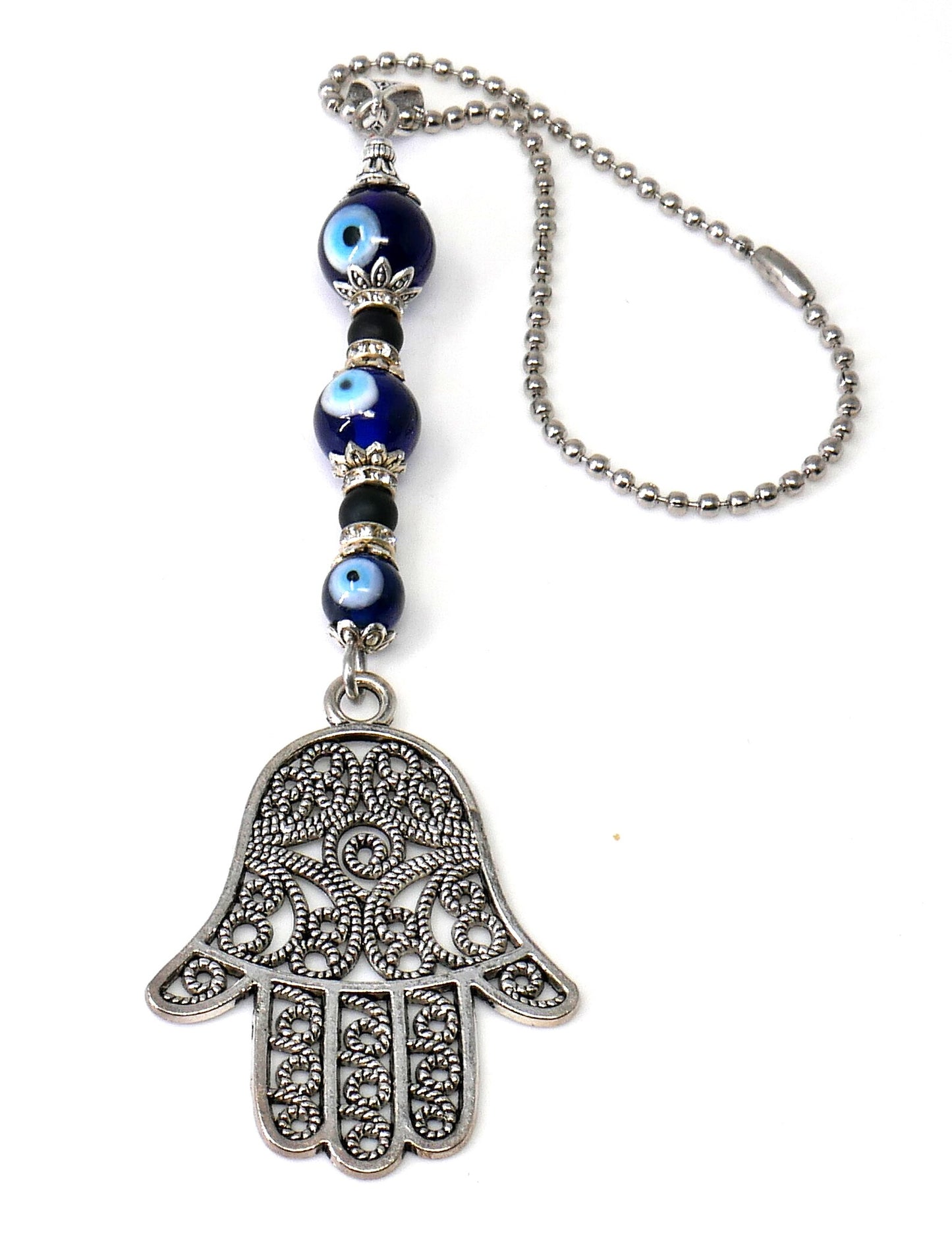 Evil Eye Protection 3 Blue Beads Hamsa Hand | Antique Silver Plated | Car Rearview Mirror Ornament |Good Luck |Numerology |Positive Vibes