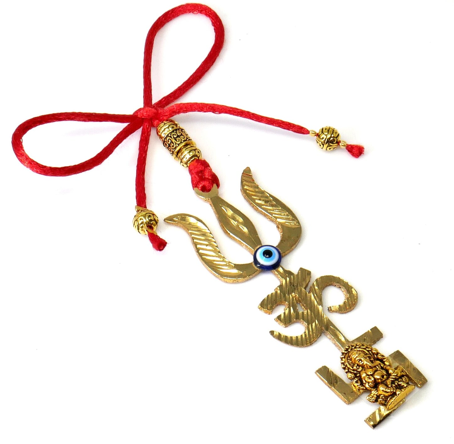 Trishakti Yantra | Trishul | OM | Swastik | Ganesha | Golden | Car Mirror Ornament | Good Luck | Positive Vibrations | Success | Prosperity