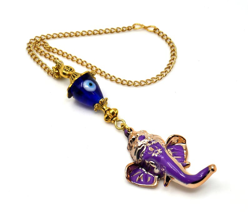 Ganesha | Evil Eye Protection | Energetic Violet Colour Car Rearview Mirror Ornament | Good Luck | Happiness | Good Fortune & Prosperity