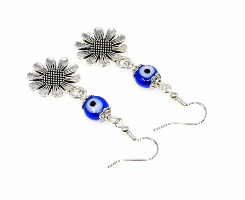 Evil Eye Protection | Cute Silver Daisy Flower | Glass Bead | Earring Dangle Jewelry | Good Luck | Positive Vibes | Positive Vibrations