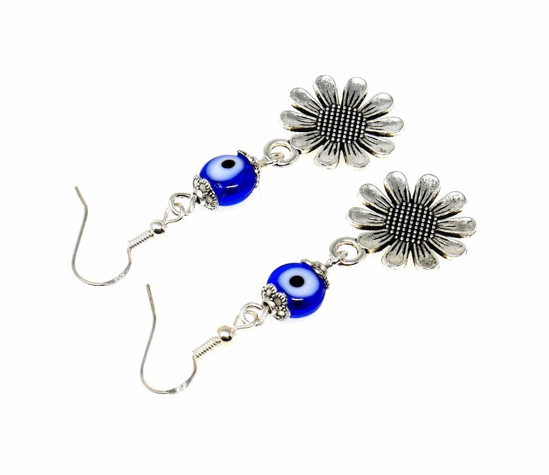 Evil Eye Protection | Cute Silver Daisy Flower | Glass Bead | Earring Dangle Jewelry | Good Luck | Positive Vibes | Positive Vibrations