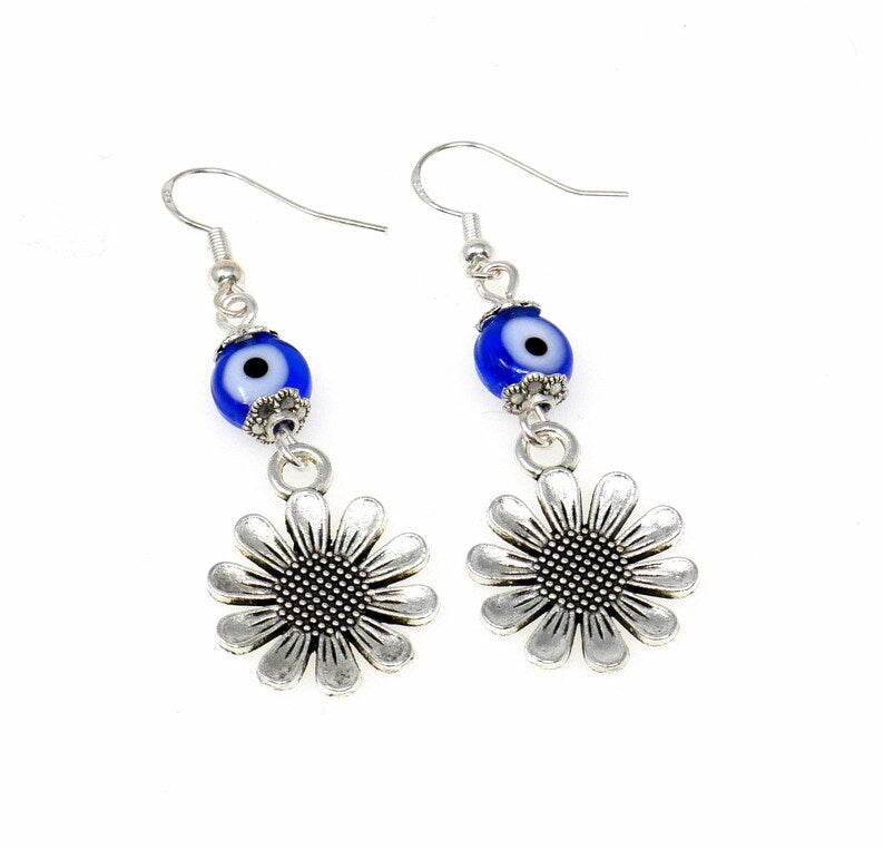 Evil Eye Protection | Cute Silver Daisy Flower | Glass Bead | Earring Dangle Jewelry | Good Luck | Positive Vibes | Positive Vibrations