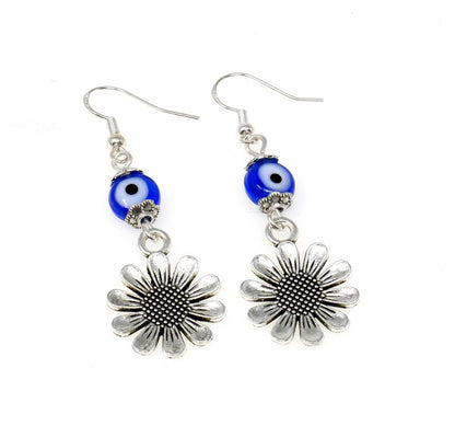 Evil Eye Protection | Cute Silver Daisy Flower | Glass Bead | Earring Dangle Jewelry | Good Luck | Positive Vibes | Positive Vibrations