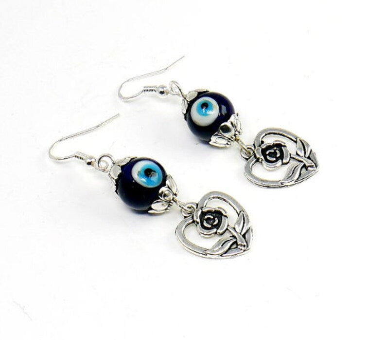 Evil Eye Protection | Cute Silver Rose Flower | Glass Bead | Earring Dangle Jewelry | Good Luck | Positive Vibes | Love