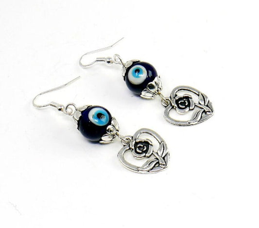 Evil Eye Protection | Cute Silver Rose Flower | Glass Bead | Earring Dangle Jewelry | Good Luck | Positive Vibes | Love