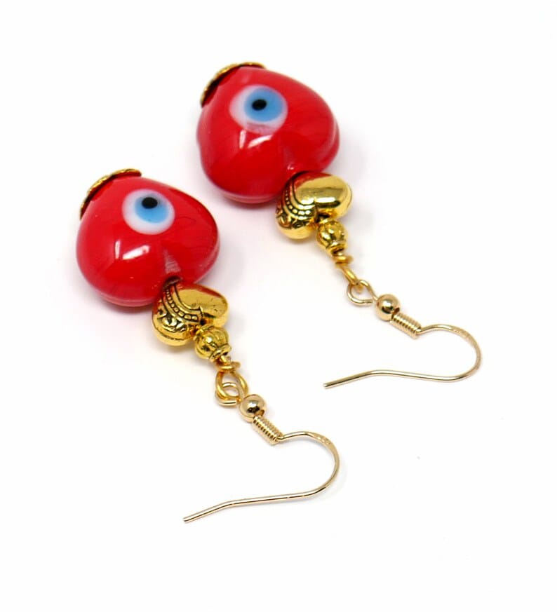 Evil Eye Protection | Heart | Love | Red Glass Bead | Golden Earring Dangle Jewelry | Good Luck | Positive Vibes | Positive Vibrations