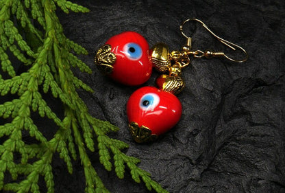 Evil Eye Protection | Heart | Love | Red Glass Bead | Golden Earring Dangle Jewelry | Good Luck | Positive Vibes | Positive Vibrations