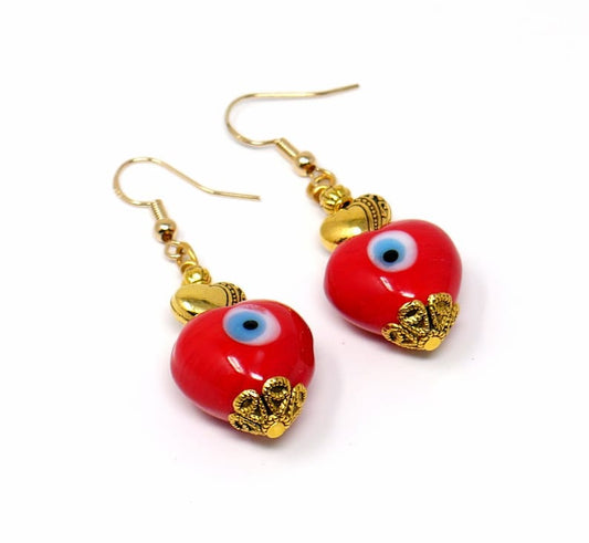 Evil Eye Protection | Heart | Love | Red Glass Bead | Golden Earring Dangle Jewelry | Good Luck | Positive Vibes | Positive Vibrations