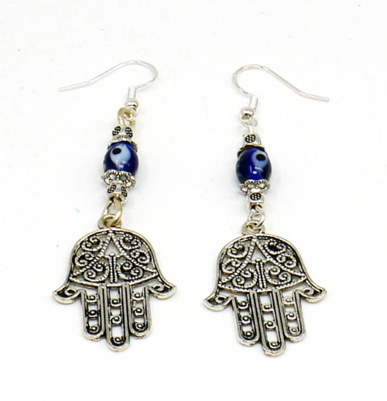 Evil Eye Protection | Hamsa Hand | Hand of Fatima | Glass Bead | Antique Silver Earring Jewelry | Good Luck | Numerology | Positive Vibes