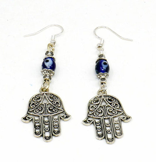 Evil Eye Protection | Hamsa Hand | Hand of Fatima | Glass Bead | Antique Silver Earring Jewelry | Good Luck | Numerology | Positive Vibes