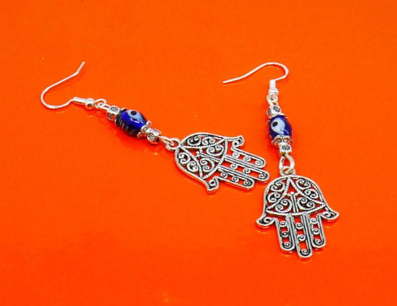 Evil Eye Protection | Hamsa Hand | Hand of Fatima | Glass Bead | Antique Silver Earring Jewelry | Good Luck | Numerology | Positive Vibes