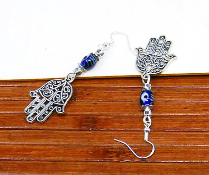 Evil Eye Protection | Hamsa Hand | Hand of Fatima | Glass Bead | Antique Silver Earring Jewelry | Good Luck | Numerology | Positive Vibes