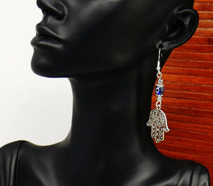 Evil Eye Protection | Hamsa Hand | Hand of Fatima | Glass Bead | Antique Silver Earring Jewelry | Good Luck | Numerology | Positive Vibes